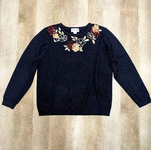 Alfred Dunner Navy Blue Sweater Embroidered Floral Chest Size Large